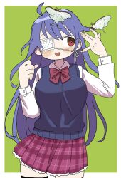 1girl ahoge bow bowtie breasts bug butterfly commission eyepatch green_background ikuta_semi insect large_breasts long_hair medical_eyepatch moth original plaid_clothes plaid_skirt pleated_skirt purple_hair red_bow red_bowtie red_eyes school_uniform simple_background skeb_commission skirt sweater_vest