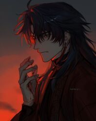 1boy absurdres black_hair blade_(honkai:_star_rail) blood blood_on_face blood_on_hands collared_coat earrings highres honkai:_star_rail honkai_(series) jewelry kannbergri long_hair male_focus parted_bangs red_eyes red_light serious simple_background solo upper_body