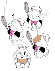 1boy animal_ears artist_name barefoot bow bowtie chef chef_hat chibi chibi_only closed_mouth deltarune food frying_pan furry furry_male goat_boy goat_ears hat highres holding holding_frying_pan holding_plate male_focus miz7xf open_mouth pancake pink_bow pink_bowtie plate ralsei ralsei_(cooking_show) round_eyewear smile white_background