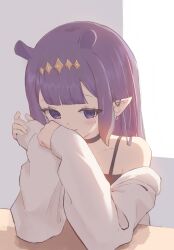 1girl absurdres blunt_bangs blush earrings gman_(gsdeman) gradient_hair highres hololive hololive_english jewelry long_sleeves looking_at_viewer mole mole_under_eye multicolored_hair ninomae_ina&#039;nis orange_hair pointy_ears purple_eyes purple_hair sleeves_past_wrists solo virtual_youtuber