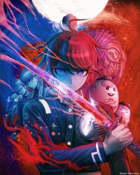 amemiya_darumi black_hair blue_background blue_eyes bow closed_mouth highres holding holding_sword holding_weapon last_defense_academy_school_uniform long_sleeves looking_at_viewer makeup mascara multicolored_eyes multicolored_hair nigou_(hundred_line) red_bow red_eyes red_hair shizuhara_hiruko simple_background sirei_(hundred_line) sumino_takumi sword the_hundred_line_-last_defense_academy- upper_body weapon yakushiji_takemaru