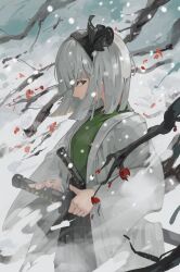 1girl absurdres black_hair black_hairband black_ribbon blunt_bangs bob_cut branch green_eyes green_skirt grey_hair hair_ribbon hairband hakama hakama_skirt highres japanese_clothes katana konpaku_youmu ribbon sashimi_oniku scabbard sheath short_hair skirt slit_pupils solo sword touhou weapon