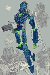 bionicle cable cordak_blaster doodlerat floating full_body green_eyes grey_background gun hahli_(bionicle) holding holding_gun holding_weapon humanoid_robot kalmah_(bionicle) kanohi_(bionicle) leaning_back looking_at_viewer mask mechanical_wings multiple_views robot tentacles the_lego_group twitter_username weapon wings