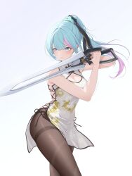 1girl bare_arms bare_shoulders blue_eyes blue_hair breasts brown_pantyhose charon_universe china_dress chinese_clothes cleavage cleavage_cutout clothing_cutout dress eris_(charon_universe) hair_ornament hashtag-only_commentary highres holding holding_sword holding_weapon long_hair medium_breasts multicolored_hair myomomoo pantyhose pelvic_curtain ponytail sideless_dress sleeveless sleeveless_dress solo standing stellar_blade streaked_hair sword thighband_pantyhose virtual_youtuber weapon white_dress