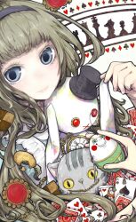 1girl :d ace_(playing_card) ace_of_spades alice&#039;s_adventures_in_wonderland amulet bishop_(chess) blue_eyes blush_stickers brown_hair button_eyes buttons card chain checkerboard_cookie cheshire_cat_(alice_in_wonderland) chess_piece club_(shape) commentary_request cookie diamond_(shape) expressionless food gem green_eyes grey_fur hairband hat heart humpty_dumpty iyorirei king_(chess) knight_(chess) light_smile open_mouth original pawn_(chess) playing_card pocket_watch queen_(chess) queen_(playing_card) queen_of_hearts_(playing_card) red_eyes red_gemstone rook_(chess) slit_pupils smile solo spade_(shape) string stuffed_animal stuffed_cat stuffed_rabbit stuffed_toy top_hat watch white_rabbit_(alice_in_wonderland) yellow_eyes zipper zipper_pull_tab