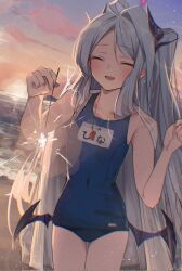 Rule 34 | 1girl, ahoge, blue archive, demon girl, demon horns, demon wings, fireworks, halo, highres, hina (blue archive), hina (swimsuit) (blue archive), horns, long hair, old school swimsuit, outdoors, school swimsuit, senkou hanabi, smile, solo, sparkler, standing, supic1711, swimsuit, twilight, very long hair, white hair, wings