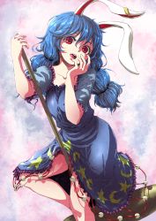 1girl animal_ears blue_dress blue_hair breasts clothes_lift collarbone colored_eyelashes dress dress_lift female_focus highres kine lips mallet moyamu rabbit_ears red_eyes seiran_(touhou) small_breasts solo standing standing_on_one_leg touhou twintails