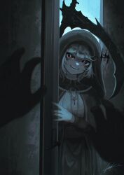 1girl absurdres cape crown door fangs frills half_crown highres hood jewelry long_sleeves nail_polish necklace open_door original pov pov_hands red_eyes sickle smile sutorobo72