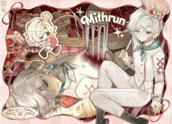 1boy bags_under_eyes black_eyes blood blood_from_mouth blood_on_face character_name chef chef_hat cherry chibi chibi_inset copyright_name dessert dungeon_meshi elf english_text food fork fruit grey_hair hair_over_one_eye hat highres holding holding_knife jacket jam knife lazy_eye long_sleeves looking_at_viewer lying male_focus maruma_gozu mithrun multiple_views notched_ear on_back pants parfait pointy_ears scarf short_hair smile sparkle stab strawberry strawberry_parfait uneven_eyes wavy_hair white_jacket white_pants