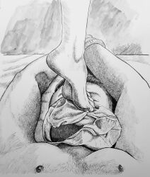 Rule 34 | 1boy, 1girl, bdsm, bondage, bound, bound wrists, chernyart, chest hair, closed eyes, commentary, crosshatching, english commentary, femdom, foot on another&#039;s face, greyscale, hatching (texture), highres, marker (medium), monochrome, original, panties, pectorals, rope, stepped on, traditional media, underwear, unworn panties