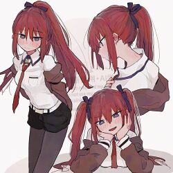 1girl :d alternate_hairstyle belt black_bow black_pantyhose black_shorts bow brown_jacket commentary cowboy_shot cropped_torso dress_shirt hair_between_eyes hair_bow hands_on_own_chin highres jacket long_hair loose_hair_strand makise_kurisu multiple_views necktie open_mouth pantyhose pantyhose_under_shorts ponytail purple_eyes red_hair red_necktie shirt shorts sidelocks simple_background smile steins;gate suehiroch0 twintails watermark white_background white_belt white_shirt