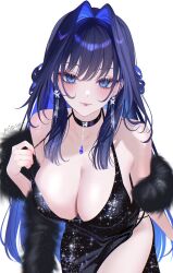 1girl 707arisu bare_shoulders black_choker black_dress blue_eyes blue_hair breasts choker closed_mouth collarbone dress earrings evening_gown feather_boa hair_intakes highres hololive hololive_english jewelry large_breasts lips long_hair looking_at_viewer ouro_kronii pelvic_curtain simple_background solo sparkle very_long_hair virtual_youtuber white_background