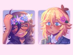 1boy 1girl alternate_skin_color antenna_hair arm_up basil_(faraway)_(omori) basil_(omori) black_hair blonde_hair blue_eyes blush closed_eyes collared_shirt dark-skinned_female dark-skinned_male dark_skin donuqx fangs flower freckles glasses green_sweater_vest grey_hoodie hair_flower hair_ornament head_wreath hood hoodie medium_hair mincy_(omori) multicolored_hair omori open_mouth red-framed_eyewear roots_(hair) shirt short_hair smile sweater_vest teeth twitter_username upper_teeth_only white_shirt