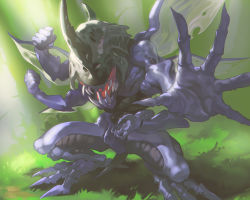 bug digimon extra_arms fangs grass grass_field highres kabuterimon multiple_wings no_eyes open_mouth sharp_teeth teeth wings