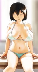 1girl arm_support bare_shoulders bikini black_eyes blurry blurry_background breasts collarbone hair_between_eyes large_breasts legs looking_at_viewer narisokonai navel original short_hair stomach swimsuit table thighs white_bikini