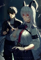 1boy 1girl adjusting_clothes adjusting_necktie armband artist_name black_armband black_choker black_gloves black_hair black_horns black_jacket black_pants breasts chest_harness choker closed_mouth collared_shirt commentary curled_horns earrings english_commentary gloves grey_hair grey_shirt hair_between_eyes harness highres horns jacket jacket_on_shoulders jewelry key_earrings large_breasts long_hair looking_at_viewer male_rover_(wuthering_waves) meganesanechi multicolored_hair necktie pants red_eyes rover_(wuthering_waves) shirt shirt_tucked_in streaked_hair tacet_mark_(wuthering_waves) white_shirt wuthering_waves yellow_eyes zani_(wuthering_waves)