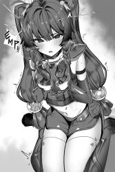 Rule 34 | 1girl, absurdres, bdsm, blush, bondage, bound, braid, captured, cuffs, dazed, defeat, elbow gloves, fingerless gloves, gloves, hair between eyes, handcuffs, highres, long hair, looking at viewer, midriff, monochrome, motion lines, navel, police, police uniform, qingyi (zenless zone zero), restrained, robot girl, saliva, saliva trail, sitting, solo, stomach, sweat, takena-c, thighs, twin braids, twintails, twitching, wariza, zenless zone zero