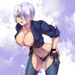 1girl angel_(kof) ass bent_over blue_eyes breasts bursting_breasts chaps cleavage collarbone female_focus fingerless_gloves gloves hair_over_one_eye hands_on_own_hips highres jacket large_breasts leather midriff navel open_mouth pale_skin panties revealing_clothes sbr_same short_hair smile smiley_face snk source_request standing the_king_of_fighters thighs toned toned_female underwear white_hair