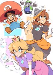 2boys 2girls almightychiru black_dress blonde_hair blue_eyes blue_overalls brooch brown_hair bubble bubble_peach commentary crown daisy_(flower) dress drill_daisy earrings elephant elephant_luigi english_commentary flipped_hair flower flower_brooch flower_earrings gloves green_hat green_shirt hat highres holding holding_unworn_clothes holding_unworn_hat jewelry luigi mario mario_(series) medium_hair multiple_boys multiple_girls nintendo overalls parachute_cap parted_bangs princess_daisy princess_peach purple_dress red_hat red_shirt shirt sphere_earrings super_mario_bros._wonder tan unworn_hat unworn_headwear white_background