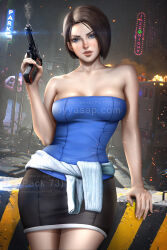 Rule 34 | 1girl, artist name, ayya sap, black skirt, blue eyes, blue tube top, breasts, brown hair, clothes around waist, gun, handgun, holding, holding gun, holding weapon, jill valentine, miniskirt, resident evil, resident evil 3: nemesis, short hair, skirt, smoke, smoking barrel, strapless, sweater, sweater around waist, tube top, watermark, weapon