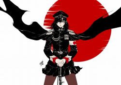 1girl armband cloak commentary_request epaulettes expressionless hands_on_hilt hat jacket japanese_flag katana limited_palette looking_at_viewer medium_hair military_uniform original peaked_cap skirt solo sword weapon wind yamada_satoshi