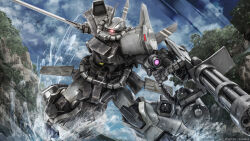 cable cloud cloudy_sky copyright_notice gatling_gun gouf_flight_type gundam gundam_08th_ms_team gundam_battle_operation_2 highres holding holding_sword holding_weapon machinery mecha mecha_focus mobile_suit no_humans official_art one-eyed painting_(medium) radio_antenna rainforest realistic red_eyes robot scan science_fiction shield sky solo sunrise_(company) sword tenjin_hidetaka traditional_media tree water weapon wet zeon