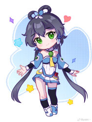 Rule 34 | 1girl, asymmetrical footwear, asymmetrical legwear, bare shoulders, black socks, black thighhighs, blue shoes, chibi, chinese commentary, closed mouth, detached sleeves, full body, green eyes, grey hair, hair ornament, hair rings, highres, light smile, long hair, looking at viewer, luo tianyi, luo tianyi v3, mismatched footwear, pleated skirt, pointzhu, shoes, short hair with long locks, skirt, socks, solo, standing, thighhighs, twintails, uneven legwear, vocaloid, vsinger (vocaloid), watermark, weibo username, weibo watermark, white shoes