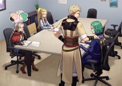 2boys 2girls absurdres ahoge anachronism anger_vein angry beard black_pants blonde_hair blue_eyes boots braid chair commission facial_hair fire_emblem fire_emblem:_three_houses fire_emblem_awakening fire_emblem_engage fire_emblem_fates fire_emblem_heroes fujoshi glasses green_hair grey_hair hairband heart high_ponytail highres jade_(fire_emblem) kayksyla leather leather_boots long_hair looking_at_another low_twin_braids multiple_boys multiple_girls nina_(fire_emblem) nintendo office_chair owain_(fire_emblem) pants parted_bangs ponytail second-party_source seteth_(fire_emblem) shipping_(fandom) swivel_chair twin_braids writing yellow_eyes