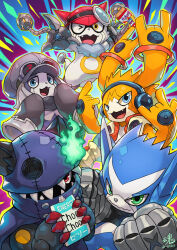 Rule 34 | artist request, digimon, digimon universe: appli monsters, dokamon, gatch monaka, gatchmon, goggles, green eyes, hackmon (appmon), hat, hood, hoodie, looking at viewer, metal gloves, musimon, offmon, tagme