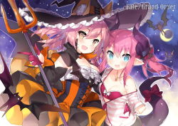 10s 2girls :d animal_ears arm_around_waist bare_shoulders bat_(animal) bat_wings bikini bikini_top_only black_capelet black_hat black_neckwear black_sleeves blue_eyes blush bow bow_bikini breasts brown_eyes capelet choker cleavage collarbone commentary_request copyright_name cosplay costume_switch crescent_moon curled_horns detached_sleeves dragon_girl dragon_horns dragon_tail dress ears_through_headwear elizabeth_bathory_(fate) elizabeth_bathory_(fate/extra) elizabeth_bathory_(halloween_caster)_(fate) elizabeth_bathory_(halloween_caster)_(fate)_(cosplay) fang fate/extra fate/extra_ccc fate/grand_order fate_(series) fox_ears fox_girl fox_tail frilled_hat frills gem hair_between_eyes hat highres holding horns jewelry large_breasts long_hair long_sleeves looking_at_viewer moon multicolored_dress multiple_girls night night_sky off_shoulder official_alternate_costume open_mouth partially_unzipped pendant pink_hair pocket pointy_ears polearm purple_bikini purple_bow saru shirt sky sleeves_past_wrists small_breasts smile star_(sky) starry_sky strapless strapless_dress striped_clothes striped_dress striped_shirt striped_sweater sweater swimsuit tail tail_bow tail_ornament tamamo_(fate) tamamo_cat_(fate) tamamo_no_mae_(fate/extra) tamamo_no_mae_(fate/extra)_(cosplay) tamamo_no_mae_(spring_casual)_(fate) trident twintails vertical-striped_clothes vertical-striped_dress weapon wings witch_hat