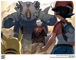 2boys black_hair dated gen_1_pokemon giovanni_(pokemon) highres horns multiple_boys nintendo official_art pikachu pokemon pokemon_(creature) red_(pokemon) red_eyes rhydon single_horn
