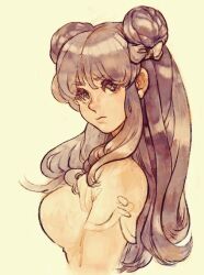 1girl absurdres bell bowl breasts chinese_clothes double_bun dress food hair_bell hair_bun hair_ornament highres long_hair looking_at_viewer noodles purple_hair ramen ranma_1/2 red_dress red_eyes red_shoes shampoo_(ranma_1/2) shoes sidelocks solo