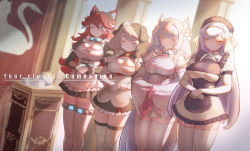 4girls :3 animal_ears apron bell black_lilith black_lilith_(last_origin) blonde_hair blush braid breasts brown_hair cat_ears cat_girl cleavage cleavage_cutout closed_eyes clothing_cutout collar dog_ears dog_girl dress elbow_gloves english_text fang fenrir_(last_origin) garter_straps gloves hachiko_of_castling hair_between_eyes highres hoyo large_breasts last_origin long_hair looking_at_viewer maid maid_headdress multicolored_hair multiple_girls neck_bell one_eye_closed perrault_(last_origin) red_hair silver_hair smile standing thighhighs twin_braids two-tone_hair very_long_hair waist_apron white_gloves white_legwear wolf_ears wolf_girl yellow_eyes