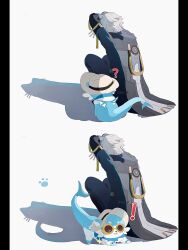 ! 1boy absurdres animal animal_ears animal_hands animal_nose arms_up artist_name back black_coat black_pants blue_eyes blue_fur bubbles_(honkai:_star_rail) caelus_(honkai:_star_rail) cat_shadow_puppet_(meme) chimera_(honkai:_star_rail) coat grey_hair hat highres honkai:_star_rail honkai_(series) hood hooded_coat itsuki_nase long_sleeves meme multiple_views otter otter_ears otter_tail pants round_eyewear shadow short_hair simple_background sitting sparkle sunglasses tail trailblazer_(honkai:_star_rail) white_background white_hat wings yellow-framed_eyewear