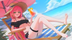 Rule 34 | 1girl, absurdres, barefoot, beach, beach chair, bikini, black bikini, black ribbon, blue sky, blue streaks, blush, cloud, collarbone, commentary, day, drink, drinking straw, dutch angle, earrings, feet, frilled bikini, frills, full body, glass, green eyes, green streaks, hanako nana, hand up, hat, hat ribbon, heart, heart earrings, highres, holding, holding drink, ice bucket, jewelry, knees up, legs, long hair, looking at viewer, multicolored hair, nail polish, navel, ocean, open mouth, outdoors, palm tree, peto (hanako nana), pink hair, pink nails, reclining, ribbon, sky, smile, soles, solo, stellive, stomach, straight hair, straw hat, streaked hair, swimsuit, symbol-only commentary, thigh strap, toenail polish, toenails, toes, tree, tsurime, very long hair, virtual youtuber, yeoun
