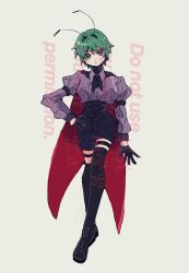 1girl alternate_costume antennae black_boots black_gloves black_shorts bobotatamu boots breasts cape closed_mouth collared_shirt commentary_request crossed_legs expressionless full_body gloves green_eyes green_hair grey_background hair_intakes hand_on_own_hip high-waist_shorts highres juliet_sleeves long_sleeves looking_at_viewer medium_breasts puffy_sleeves purple_shirt red_cape shirt short_hair shorts simple_background solo striped_clothes striped_shirt thigh_boots touhou vertical-striped_clothes vertical-striped_shirt watermark watson_cross wriggle_nightbug