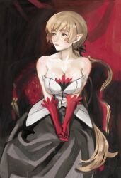 Rule 34 | 1girl, absurdres, bare shoulders, blonde hair, breasts, chair, cleavage, dress, gloves, hands on lap, hashtag-only commentary, highres, indoors, kiss-shot acerola-orion heart-under-blade, large breasts, lips, long hair, looking to the side, low ponytail, monogatari (series), on chair, oshino shinobu, pointy ears, ponytail, red gloves, ricman rt, sitting, solo, strapless, strapless dress, vampire, very long hair, yellow eyes