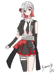 Rule 34 | 1girl, alternate costume, black jacket, black necktie, black skirt, choker, collared shirt, colored inner hair, commentary request, cropped legs, flipped hair, grey hair, hair ornament, head tilt, highres, i do me! (love live!), jacket, link! like! love live!, looking at viewer, love live!, miniskirt, multicolored hair, necktie, open clothes, open jacket, pink eyes, pleated skirt, red hair, roku aya fuyu, shirt, short hair, signature, simple background, single sleeve, single thighhigh, skirt, solo, streaked hair, thighhighs, virtual youtuber, white background, white shirt, x hair ornament, yugiri tsuzuri