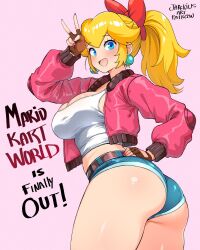 1girl ass blonde_hair blue_eyes blue_shorts bow breasts denim denim_shorts earrings fingerless_gloves gloves hair_bow highres jacket jarckius jewelry long_hair looking_at_viewer mario_(series) mario_kart mario_kart_world nintendo open_clothes open_jacket open_mouth partially_open_jacket pink_bow pink_jacket ponytail princess_peach princess_peach_(touring) shiny_skin shirt short_shorts shorts solo sphere_earrings v