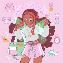 +_+ 1girl aisha_(winx_club) animal_print blue_nails blush_stickers bottle bra brown_hair bubble bubble_wand butterfly_print casual closed_mouth commentary cowboy_shot cropped_sweater dark-skinned_female dark_skin earrings english_commentary eyeshadow fairy fairy_wings forehead green_eyes green_hat green_ribbon green_sweater green_wings hand_in_own_hair hat holding holding_wand jewelry leaphere lipstick long_hair long_sleeves looking_at_viewer makeup medal midriff multicolored_hair multiple_rings nail_polish navel orange_hair pendant pink_background pink_eyeshadow pink_shorts pink_sports_bra puffy_long_sleeves puffy_sleeves red_lips ribbon ring shorts sidelocks simple_background sleeves_past_wrists smile solo sparkle sparkling_eyes sports_bra stopwatch streaked_hair sweater thick_eyebrows thighs transparent_wings underwear unworn_bra unworn_hat unworn_headwear very_dark_skin very_long_hair visor_cap waist_ribbon wand watch water_bottle wavy_hair whistle white_ribbon wings winx_club