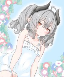 1girl :t ahoge bare_arms bare_shoulders black_horns blue_background blue_flower blush breasts cleavage closed_mouth collarbone demon_girl demon_horns dress flower frilled_dress frills grey_hair hair_between_eyes horns long_hair looking_at_viewer medium_hair milltina_(vrchat) orange_eyes pointy_ears pout red_eyes red_flower ribbon sitting sleeveless sleeveless_dress small_breasts solo sundress twintails user_jktx5245 vrchat white_dress
