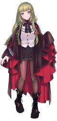 Rule 34 | 1girl, absurdres, amane (7783), black boots, black bow, black bowtie, black pantyhose, black skirt, blue eyes, blush, boots, bow, bowtie, cape, closed mouth, commentary request, dress shirt, full body, green hair, grey shirt, highres, long hair, long sleeves, looking at viewer, nail polish, original, pantyhose, pleated skirt, red cape, red nails, shirt, simple background, skirt, solo, symbol-shaped pupils, vest, white background, white vest, x-shaped pupils