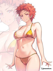 1girl bare_arms bare_legs bare_shoulders bikini breasts cleavage commentary english_commentary etchimune fire_emblem fire_emblem_awakening gold_bikini golden_week_bikini large_breasts looking_at_viewer messy_hair navel nintendo red_eyes red_hair short_hair smile sully_(fire_emblem) swimsuit thick_thighs thighs zoom_layer