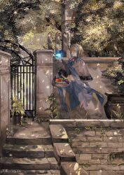 1girl against_wall basket black_gloves blonde_hair blue_bow blue_bowtie blue_butterfly blue_hair bow bowtie brick bug butterfly check_gender closed_mouth commentary_request elbow_gloves fingerless_gloves food from_side fruit full_body gem gender_request gloves grey_eyes grey_pants grey_shirt highres holding holding_basket insect light_particles looking_at_animal multicolored_hair original outdoors pants plate red_gemstone shirt short_hair smile solo st31010 stairs two-tone_hair
