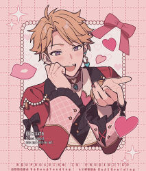 1boy beads commentary earrings ensemble_stars! girly_boy heart jewelry kiri_futoshi lips long_sleeves looking_at_viewer male_focus narukami_arashi open_mouth pink_background pink_ribbon purple_eyes ribbon solo symbol-only_commentary upper_body