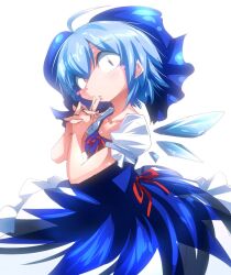 Rule 34 | 1girl, blue bow, blue dress, blue hair, blush, bow, cirno, dress, ice, ice wings, looking at viewer, non-web source, original, puffy sleeves, shimizu pem, short hair, short sleeves, solo, touhou, wings