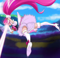 1girl aino_megumi bike_shorts blue_sky boots brooch cloud cure_lovely day eye_beam full_body hair_ornament happinesscharge_precure! haruyama_kazunori heart heart_brooch heart_hair_ornament high_heel_boots high_heels long_hair open_mouth pink_hair pink_skirt ponytail precure skirt sky thigh_boots thighhighs very_long_hair white_footwear white_thighhighs wings