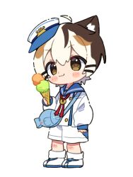 Rule 34 | 1boy, :3, ahoge, animal ear fluff, animal ears, bag, blue hat, blue sailor collar, blush stickers, boots, brown eyes, brown hair, cat boy, cat ears, closed mouth, commentary request, detached ahoge, fish bag, food, full body, hair ornament, hairclip, hat, highres, holding, holding food, holding ice cream, ice cream, indie virtual youtuber, long sleeves, looking at viewer, male focus, neck ribbon, notamaru 2, paw-shaped pupils, red ribbon, ribbon, sailor collar, sailor hat, shirt, short hair, shorts, simple background, smile, solo, standing, symbol-shaped pupils, tatamaru (vtuber), transparent background, virtual youtuber, white boots, white hair, white shirt, white shorts