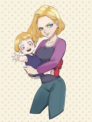 Rule 34 | 2girls, android 18, blonde hair, blue eyes, dragon ball, dragon ball super, happy, holding child, looking at viewer, marron (dragon ball), mother and daughter, multiple girls, smile