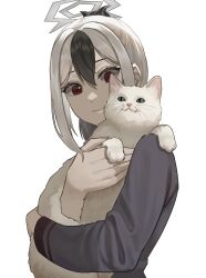 Rule 34 | 1girl, animal, black horns, blue archive, cat, closed mouth, commentary request, double-parted bangs, dyam8242, fingernails, grey halo, grey shirt, hair between eyes, halo, hand up, happy, highres, holding, holding animal, holding cat, horns, kayoko (blue archive), korean commentary, long bangs, long sleeves, looking at animal, multicolored hair, pet, red eyes, shirt, simple background, smile, solo, standing, streaked hair, upper body, white background, white cat